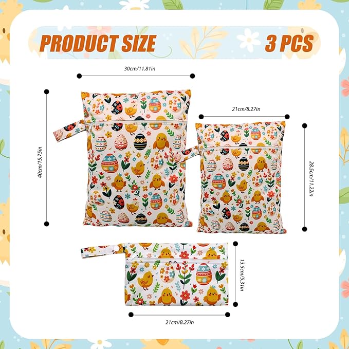 3pcs Cloth Diaper Wet Dry Bags Waterproof Reusable with Two Zippered Pockets Travel Beach Pool Daycare Soiled Baby Items Yoga Gym Bag for Swimsuits or Wet Clothes (PENGUIN)
