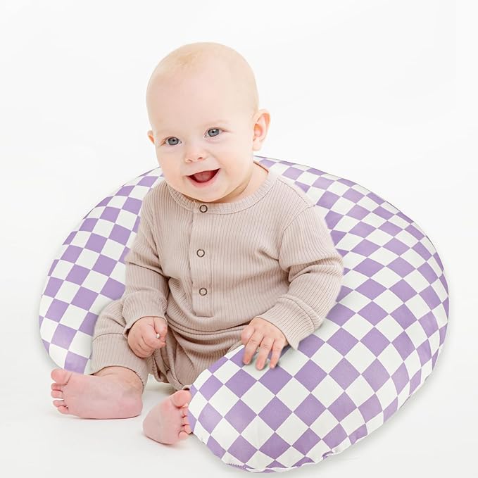 DILIMI Nursing Pillow Cover, Stretchy Removable Case for Breastfeeding Pillows, Ultra Soft Comfortable Slipcover for Baby Girl and Boy, Purple Checkered