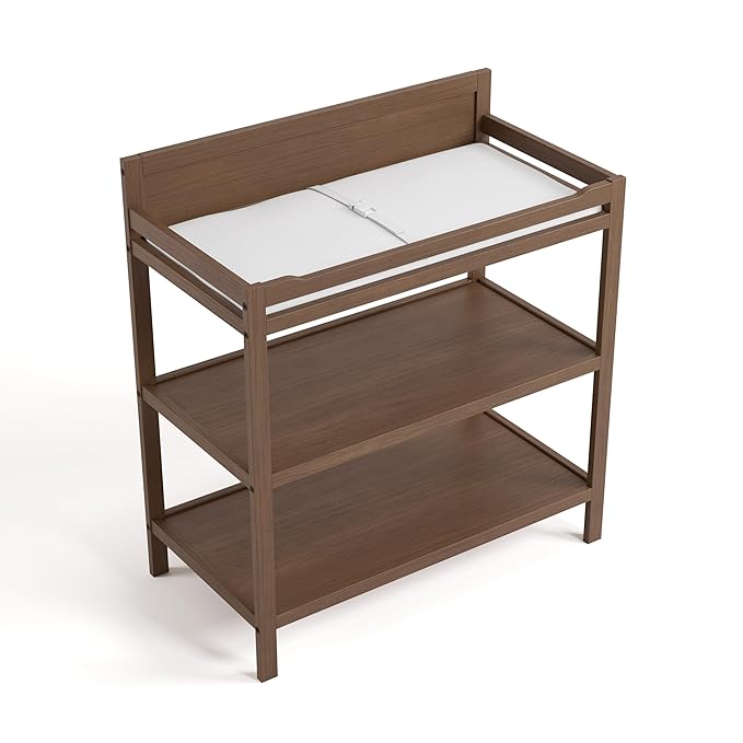 Storkcraft Alpine Changing Table (Hazelnut) - Includes Water Resistant Changing Pad with Safety Strap, 2 Open Shelves for Storage
