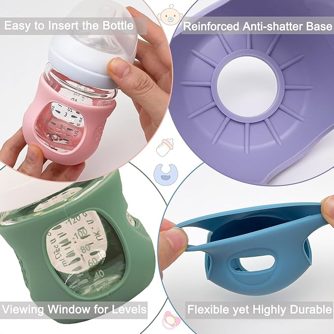 3 Pack Silicone Sleeves for Avent Natural Glass Baby Bottles, Anti Breakage Baby Bottle Holder, Compatible with Philips Avent Glass Natural Baby Bottle (Cute Pink+Light Purple+Beige, 4 OZ)