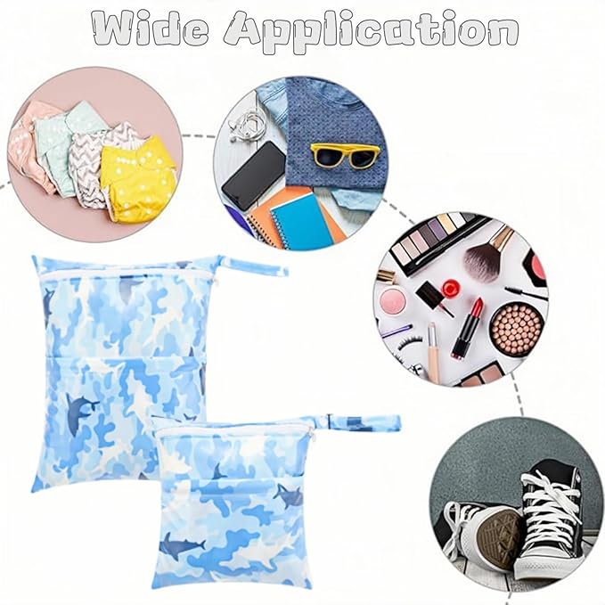 2-Pack Baby Wet Dry Bags Waterproof Reusable Diaper Bags with Two Zippered Pockets Travel Beach Pool Gym and Yoga Bag for Cloth Diapers Wet Clothes Swimsuits and Breast Pump Parts (Dolphin Small)
