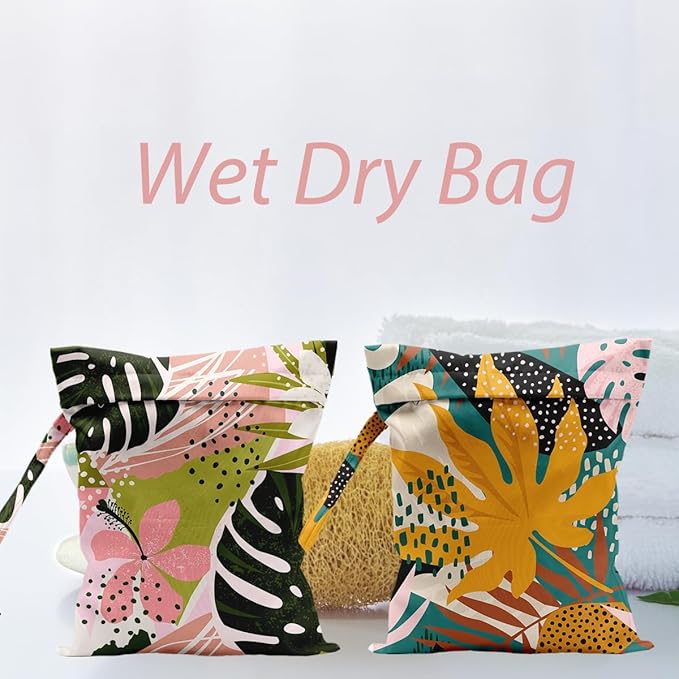 Summer Tropical Palm Leaves Pattern Wet Bag Waterproof Cloth Diaper Wet Dry Bag for Travel Beach Pool Daycare Soiled Toddler Items Yoga Gym - 2pcs