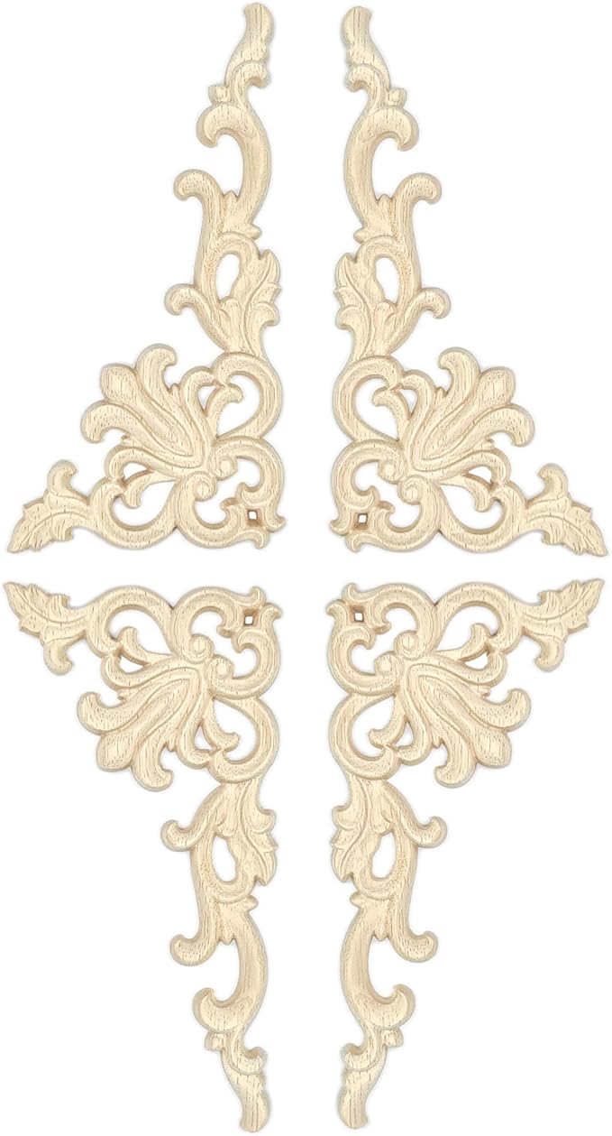 4Pack Wood Appliques and Onlays Decorative Wooden Applique Carved Onlay, 7.8×3.9 inch Corner DIY Carving Decal Trim for Furniture Cabinet Bed Door Wardrobe Closet Mirror Photo Frame Decoration