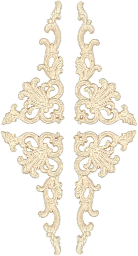 4Pack Wood Appliques and Onlays Decorative Wooden Applique Carved Onlay, 7.8×3.9 inch Corner DIY Carving Decal Trim for Furniture Cabinet Bed Door Wardrobe Closet Mirror Photo Frame Decoration