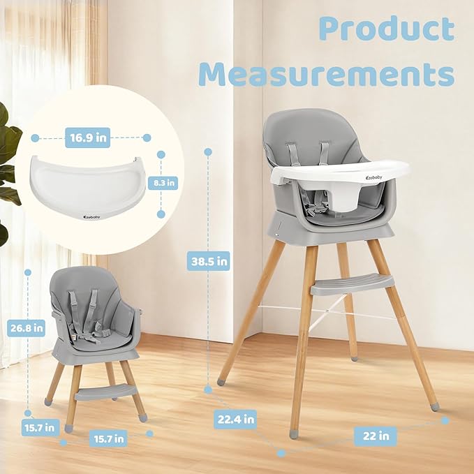 Ezebaby 6 in 1 Wooden High Chairs for Babies and Toddlers, Convertible Portable High Chair, Booster Seat for Dining Table,Toddlers Chair with Adjustable Legs & Dishwasher Safe Tray