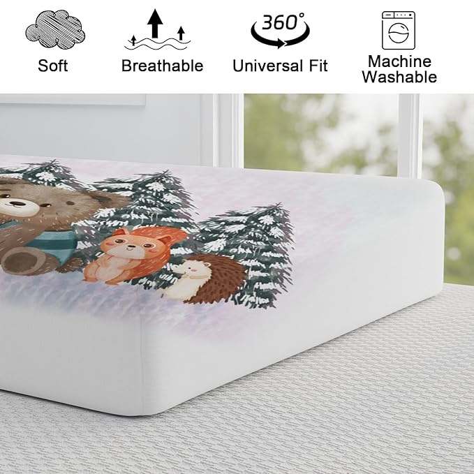 Cute Animals Pine Trees Baby Changing Pad Covers Bear Raccoon Squirrel Deer Rabbit Hedgehog Owl Unisex Diaper Change Table Sheets for Boys Girls Soft Stretch Changing Mat Sheets 32''x16''