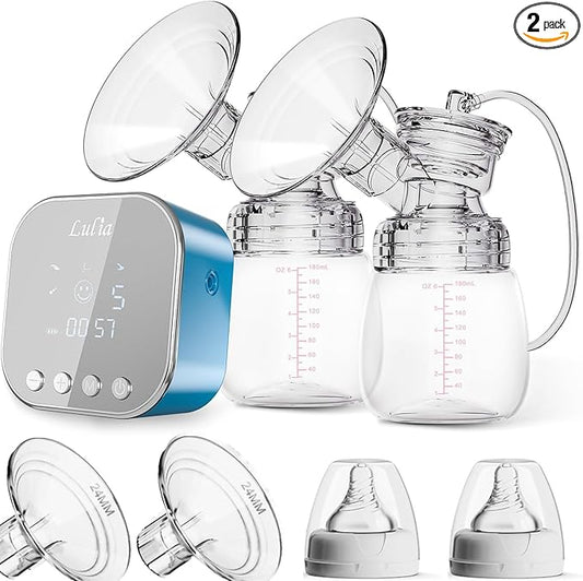 Double Electric Breast Pump Strong Suction, Portable Breast Pump Electric Breastfeeding Pump, Rechargeable Milk Pump with 4 Modes & 9 Levels, Low Noise, Anti-Backflow & LED Display, 24mm Flange, Blue
