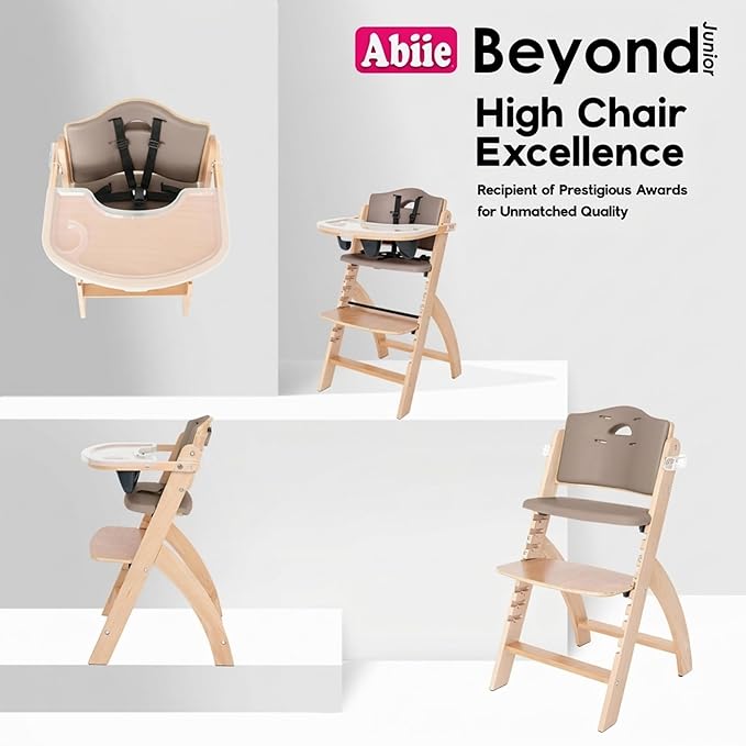 Abiie Beyond Junior Wooden High Chair for Babies and Toddlers - Convertible 3-in-1 Baby Highchair with Removable Tray - 6 Months to 250 Lb - Water Resistant - Natural Wood with Soft Mocha Cushion