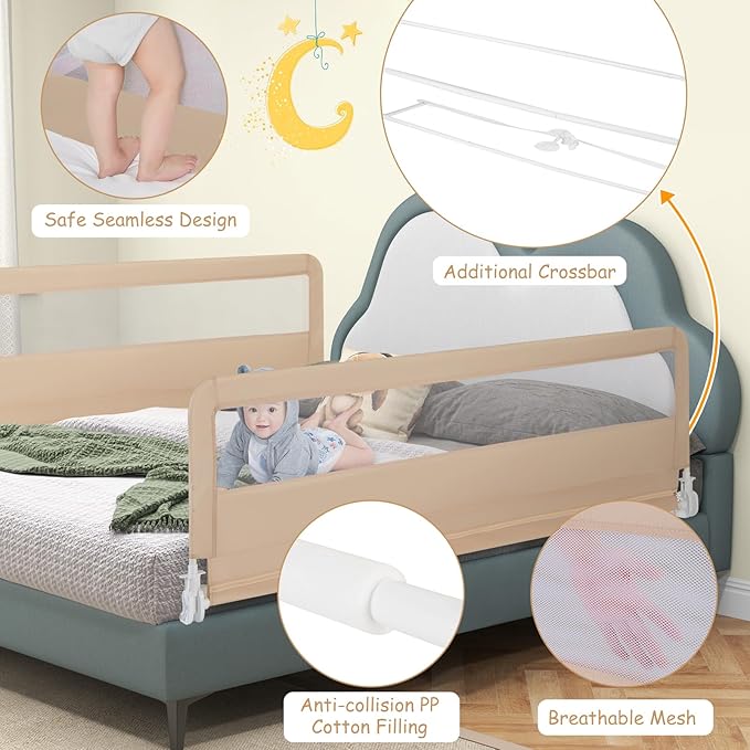 GLACER Foldable Bed Rail for Toddlers - 71" Bedrail w/Safety Straps, Child Lock & Removable Oxford Cover, Swing Down Baby Bed Rail Guard for Crib, Full, Twin, Double, Queen & King Bed (Beige, 1 Pack)