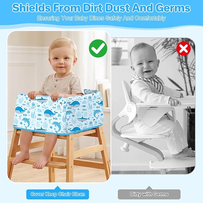 BEBOAN High Chair Cover for Restaurant, Portable Highchair Seat Covers with 3-Point Adjustable Safety Harness and Bag, for Eating/Travel/Home Use, Machine Washable, Fit Wooden Chairs (Blue Whale)