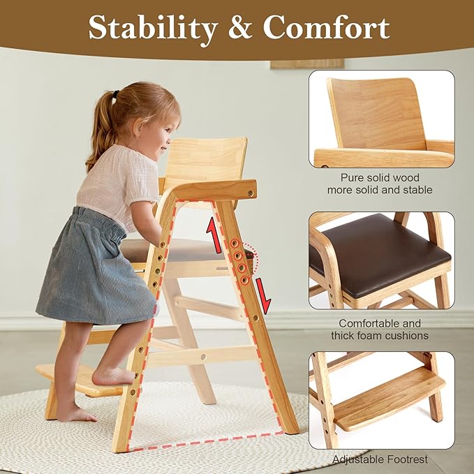 Solid Wood High Chair for Toddlers to Teens, Adjustable Height Toddler Dining Chair, Easy to Clean Toddler Highchair with Removable PU Cushion for Dining, Studying, Step Stool, Natural