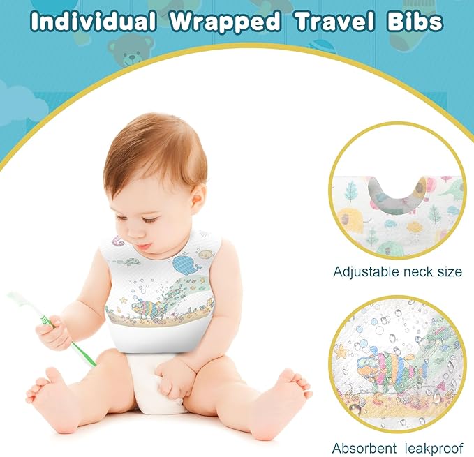 Shinymoon 100 Pcs Disposable Baby Bibs Individual Wrapped Travel Bibs Waterproof Food Catcher for Toddlers Girls Boys Feeding