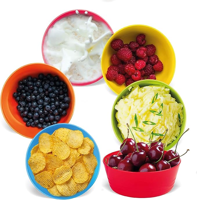 PLASKIDY Plastic Toddler Bowls Set of 6 - 10 Oz Kids Bowls, Microwave & Dishwasher Safe, BPA Free, Brightly Colored, Great for Cereal, Soup, Snack, Fruit or Salad