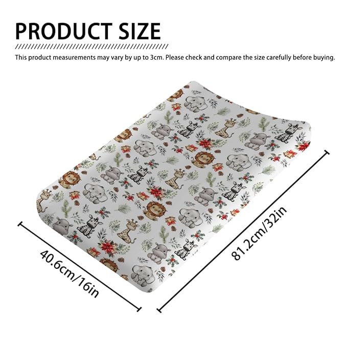 Safari Animals Xmas Changing Pad Cover Lion Hippo Zebra Giraffe Elephant Pine Fir Cherry Flower Leaves Diaper Change Table Sheets for Boys Girls Soft Stretchy Changing Mats 32''x16''
