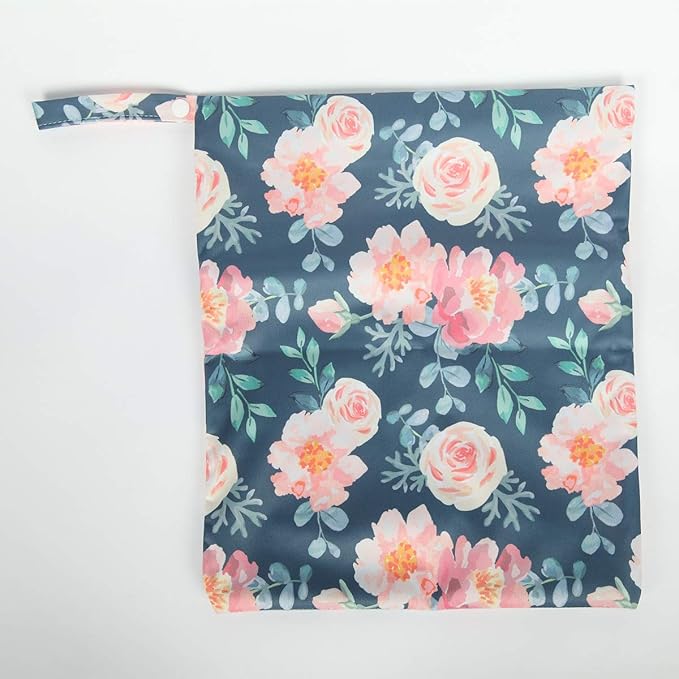 2 Wet Bags Diaper Bags With Two Zippered Pockets Reusable (Pink Foliage and Floral)
