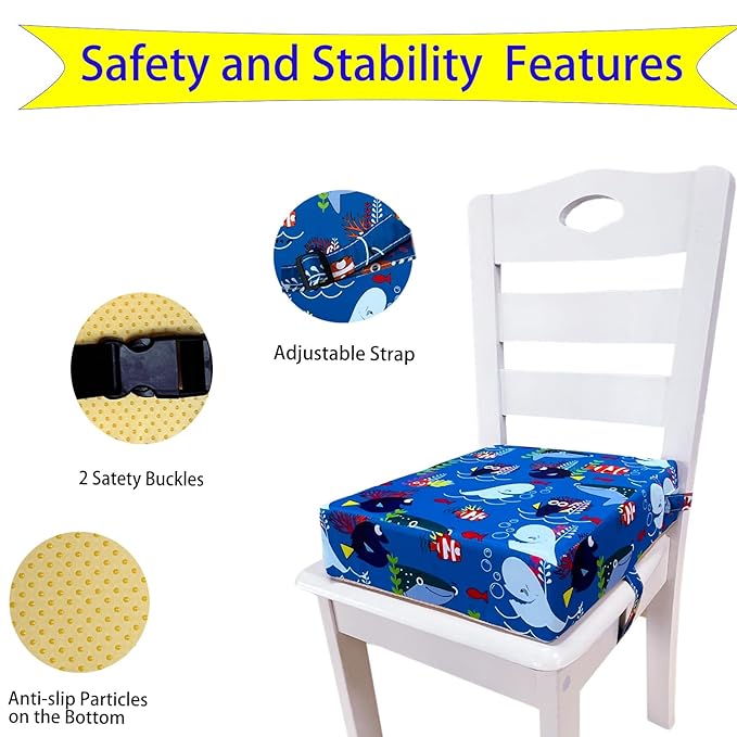 Toddler Booster Seats for Dining Kitchen Chair with Double Safer Straps Non-Slip Bottom for Kids, Portable Travel High Density Sponge Detachable Cushion for Boys Girls (Blue Ocean L)