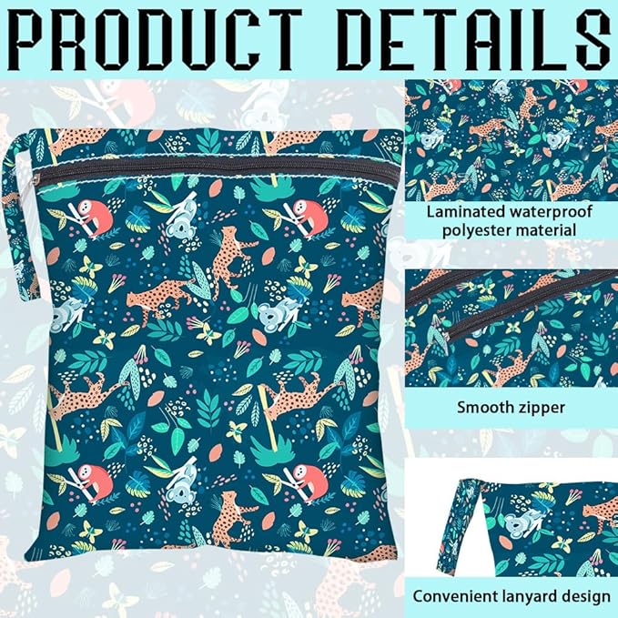 2Pcs 2 Sizes Animal Print Wet Dry Bag Beach Wet Bags Forest Pattern Polyester Waterproof Sandproof Reusable Storage Zipper Pouches for Friends Swimsuit Travel Dirty Diaper Clothes Gifts