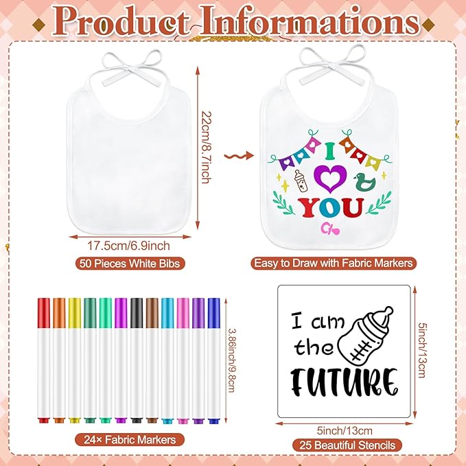 Panitay 100 Pcs DIY Baby Bibs Decorating Kit 50 White Bibs 25 Stencils 24 Markers 1 Baby Shower Game Sign