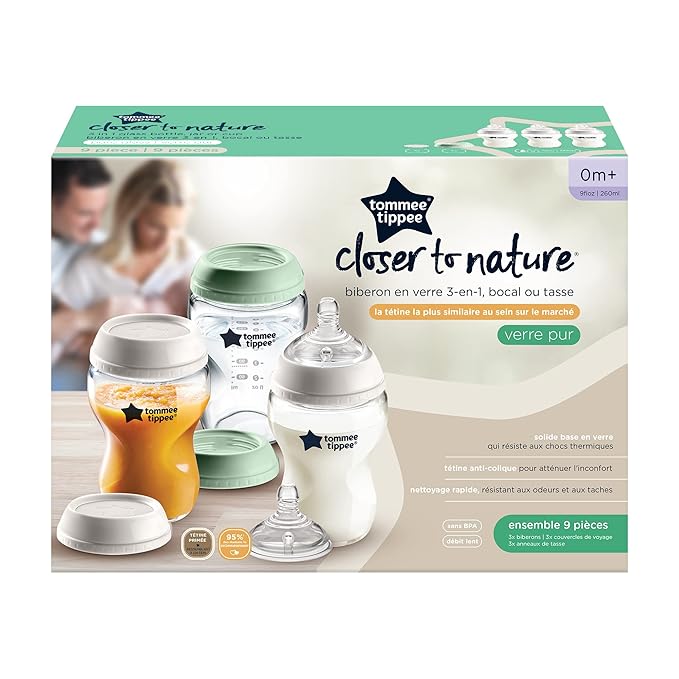 Tommee Tippee Closer to Nature 3 in 1 Convertible Glass Baby Bottles, Anti-Colic Valve – 9-Ounce, 3 Count