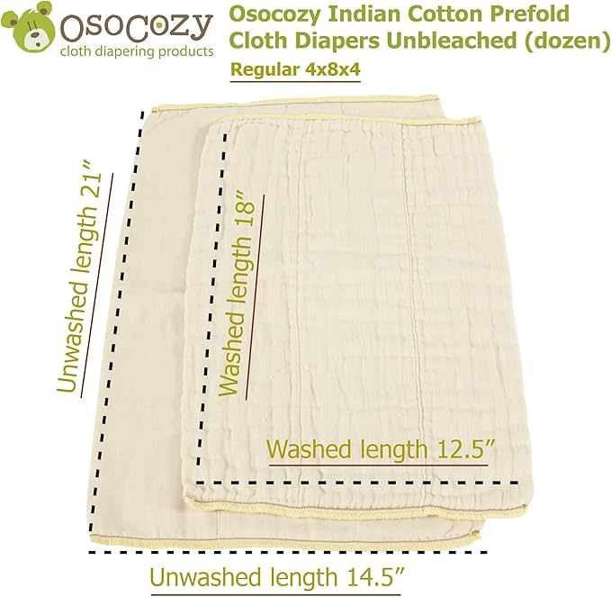 OsoCozy Unbleached Prefold Cloth Diapers 100% Cotton, Durable, Soft, Absorbent, Sustainable & Economical - dims, Fits size range. - (Size)