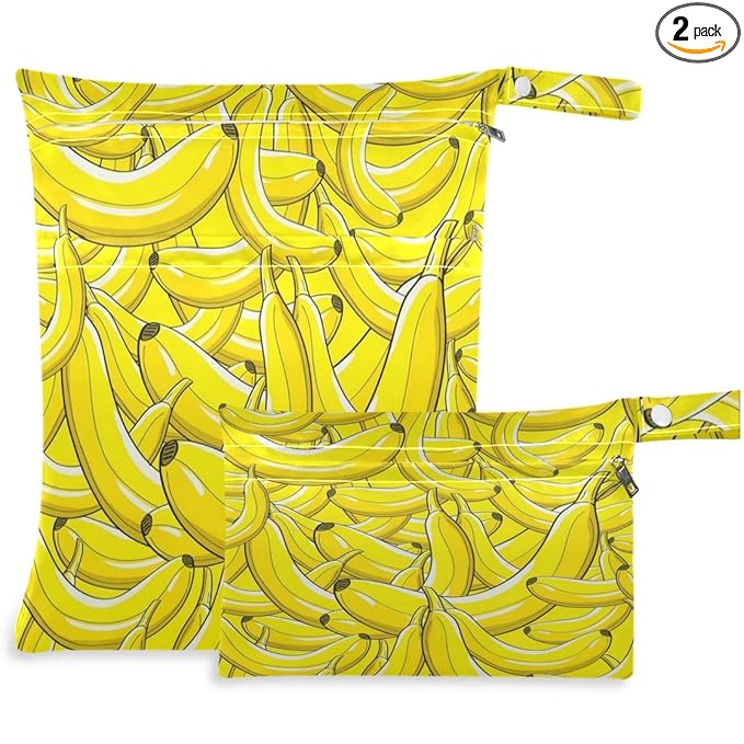 visesunny Yellow Banana 2Pcs Wet Bag with Zippered Pockets Washable Reusable Roomy for Travel,Beach,Pool,Daycare,Stroller,Diapers,Dirty Gym Clothes, Wet Swimsuits, Toiletries