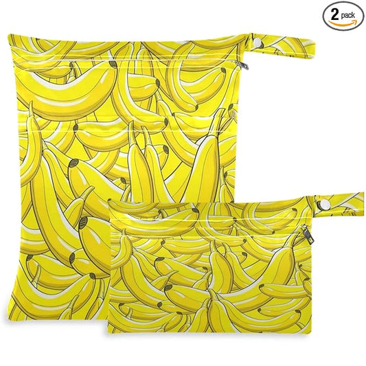 visesunny Yellow Banana 2Pcs Wet Bag with Zippered Pockets Washable Reusable Roomy for Travel,Beach,Pool,Daycare,Stroller,Diapers,Dirty Gym Clothes, Wet Swimsuits, Toiletries