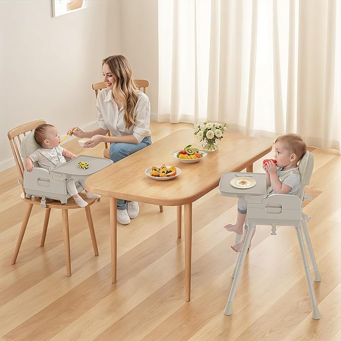 Obee Odee 3-in-1 Portable Baby High Chair for Babies and Toddlers, Convertible Easy Clean Infant Foldable Highchair with Adjustable Legs & Dishwasher Safe Tray, Beige