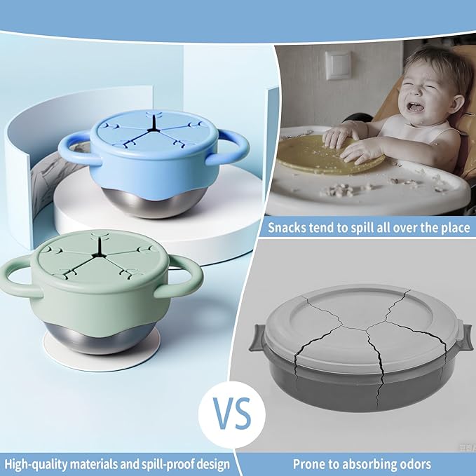Qtencas 2 Pack Stainless Steel Snack Containers for Toddlers with Spill-Proof Silicone Lids and Handles, Food Grade Snack Cups for Toddlers Kid（Green and Blue）