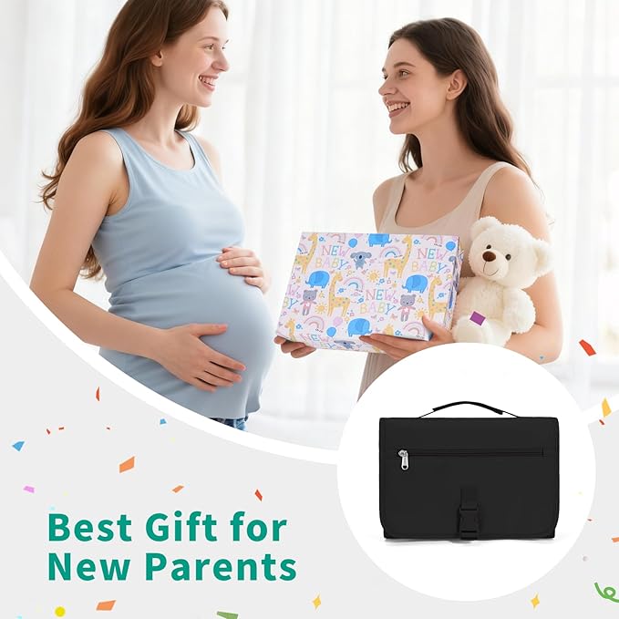 CEICEI Portable Diaper Changing Pad Waterproof Travel Baby Changing Mat with Large Wet/Dry Pocket & Elastic Wipes Pockets, Foldable Compact for On-The-Go Diaper Changer (Black)