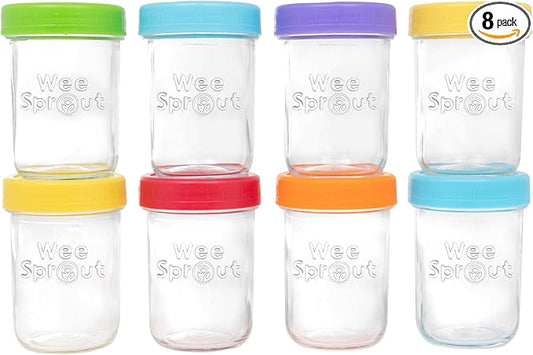 WeeSprout Glass Baby Food Storage Jars w/Lids (8 oz, 8 Pack Set) Snack, Puree, Reusable Small Containers, Breast Milk, Fridge or Freezer, Microwave & Dishwasher Safe, Essential Must Have for Infants