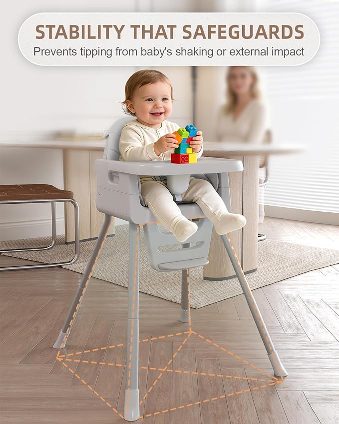 Baby High Chair for 6 Months+, Foldable High Chairs for Babies and Toddlers, Convertible High Chair, Adjustable Tray & Footrest, Portable High Chair & Easy to Clean(Gray)