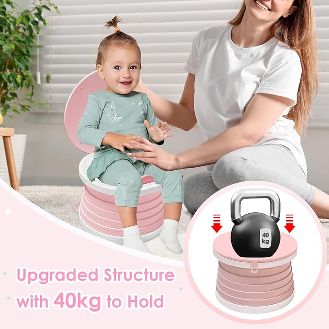 Portable Potty Chair for Toddlers with Splash-Proof Design, Foldable Travel Potty with Bag & 30 Refills - Kids Toilet for Car, Camping, Indoor - Easy Clean Baby Potty Training Seat(White-Pink)