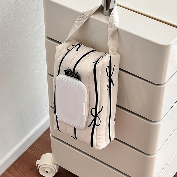 Travel Friendly Wet Wipe Storage Case Quilted Sturdy Cotton Storage Bag With Fashionable Stripe And Bowknot Detail