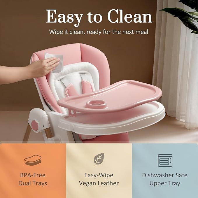 Mallify Foldable High Chairs for Babies and Toddlers, 3-in-1 Convertible Baby High Chair with Removable Soft Cushion and Tray, Adjustable Height & Recline, Lockable Wheels, Pink