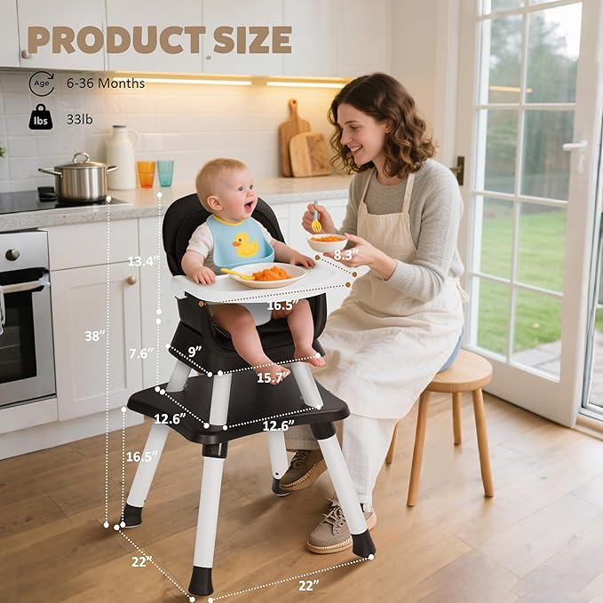 TODEFULL Baby High Chair, 8 in 1 Convertible Highchairs for Babies and Toddlers, Children Dining Booster Seat/Kids Building Block Table for Girls Boys, Baby Seat with Removable Tray, Black