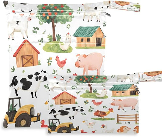 Kigai Farm Animals Wet Bag with Zippered Pockets 2pcs Waterproof Reusable Wet Dry Bag for Cloth Diaper, Baby Items, Swimsuit & Travel
