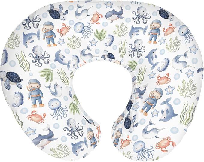 Sea Animal Baby Nursing Pillow Cover for Boy Girl Diver Turtle Jellyfish Whale Sea Weeds Starfish Nursing Slipcover for Breastfeeding Pillows Cute Ocean Animals Soft Stretchy Cover for Newborn Infant