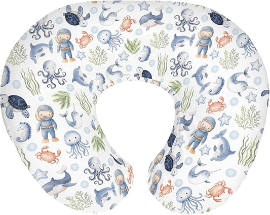 Sea Animal Baby Nursing Pillow Cover for Boy Girl Diver Turtle Jellyfish Whale Sea Weeds Starfish Nursing Slipcover for Breastfeeding Pillows Cute Ocean Animals Soft Stretchy Cover for Newborn Infant