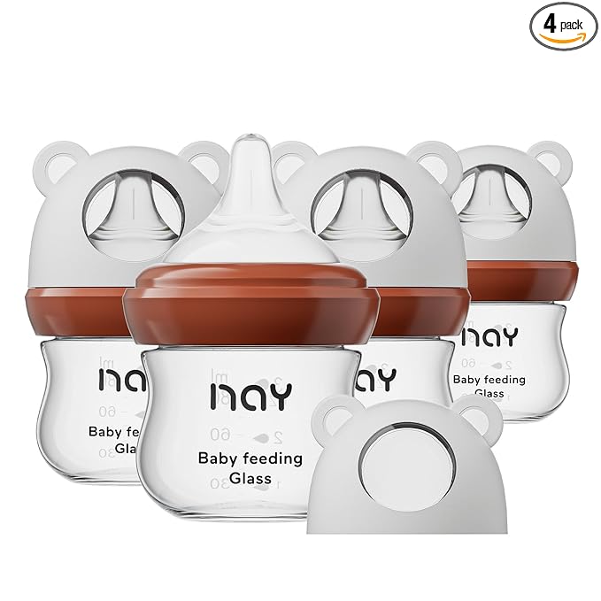 yanyoyo Natural Glass Baby Bottle for Breastfeeding Babies, 3oz Newborn Anti-Colic Baby Bottle with Slow Flow Nipples (SS), Clear, Wide Neck, 4 Pack, 0 Months+