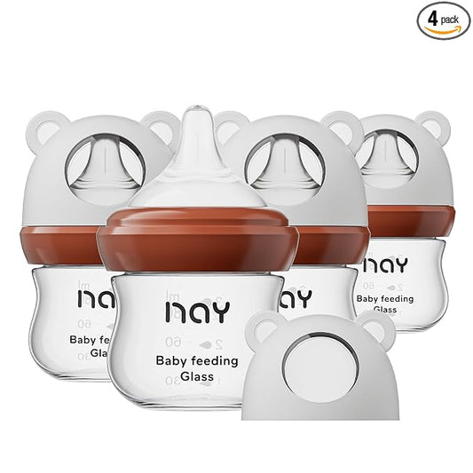 yanyoyo Natural Glass Baby Bottle for Breastfeeding Babies, 3oz Newborn Anti-Colic Baby Bottle with Slow Flow Nipples (SS), Clear, Wide Neck, 4 Pack, 0 Months+
