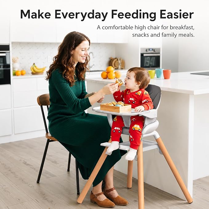 Baby High Chair, 6 in 1 Convertible High Chairs for Babies and Toddlers, Easy Clean Highchair with Removable Double Tray, 5-Point Harness, Reversible Footrest, Beech Wood Legs, Grey