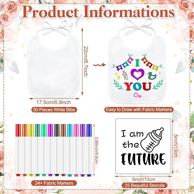 Panitay 100 Pcs DIY Baby Bibs Decorating Kit 50 White Bibs 25 Stencils 24 Markers 1 Baby Shower Game Sign