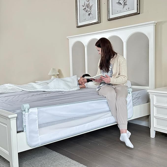 Grelife Foldable Bed Rail for Toddlers, Tall Toddler Bed Rails for Twin, Full, Queen Bed, Baby Bed Rail Guard with Reinforced Metal Frame & Breathable Mesh (1, pearlwhite, 43.0")