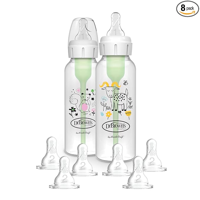 Dr. Brown's Natural Flow Anti-Colic Options+ Narrow Baby Bottle, Squirrel & Goat, 8 oz/250 mL, with Level 1 Slow Flow Nipple, BPA free, 0m+, 2-Pack and Level 2 Flow 6-Pack Nipples
