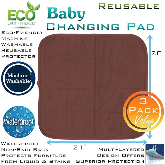 Comfort Finds Baby Changing Pad – Absorbent Reusable Diaper Changing Mat - Portable Waterproof Toddler Changing Liner (Brown, 3 Pack)