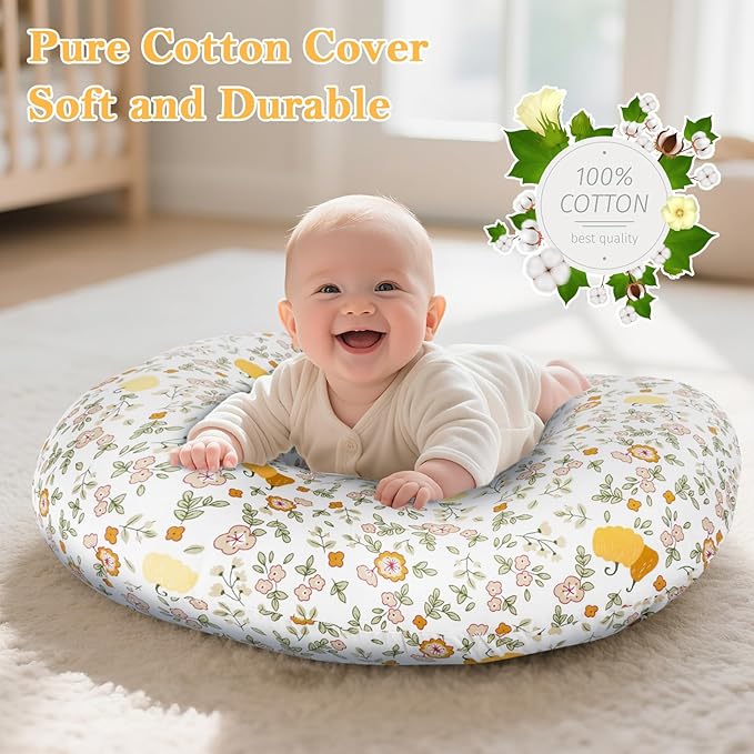 Ergonomic Nursing Pillow for Breastfeeding & Bottle Feeding, Breastfeeding Pillow to Reduce Back Neck Strain, Suitable for Breastfeeding Mom & Baby, Washable Cotton Cover(Flower Beige)