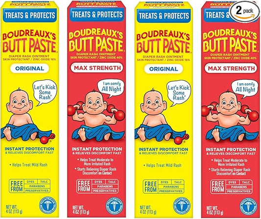 Boudreaux’s Butt Paste Diaper Rash Ointment, Baby Rash Cream Skin Protectant, Fast Relief, Soothing Barrier Cream, Original, Maximum Strength, 4 Ounce Tube (Variety Pack of 4)