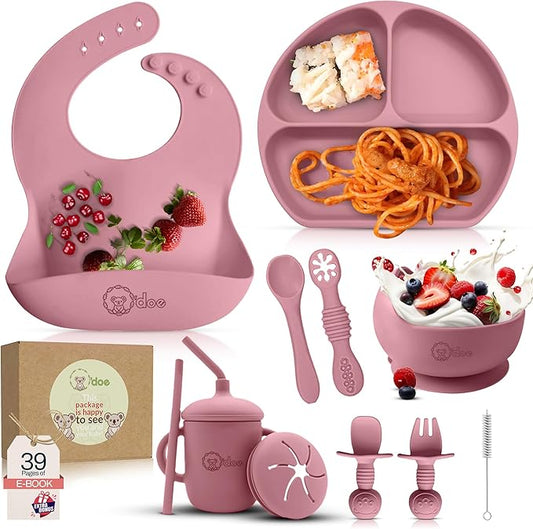 O'doe 11-Piece BPA-Free Silicone Baby Feeding Set | Thick & Soft Suction Plates, Baby Bowls, Wooden Fork & Spoon, and More | Make Mealtime Fun and Easy for Your Little One (Rose, V1)