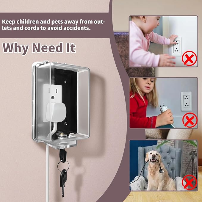 Baby Safety Outlet Cover Box-Key Lock for Much Better Toddler Proofing,Easier Operation,Simple 4 Step Install with Included Screws,Suitable for all Standard Electrical Outlets and Wall Switch