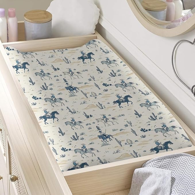 Western Horse Cactus Mountains Pattern Baby Changing Pad Cover, Unisex Western Nursery Diaper Changing Table Pad Mat Sheet for Boys-16x32